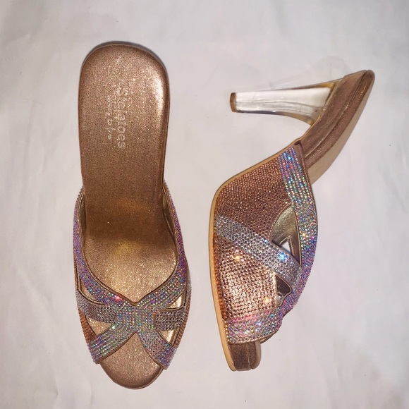 Shoes - Rose gold heels with silver and gold rhinestones